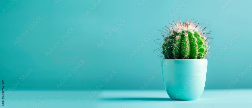A green cactus in a white pot against a blue surface Behind it, two light blue walls A green cactus in a white pot against a blue surface Behind it, two light blue walls