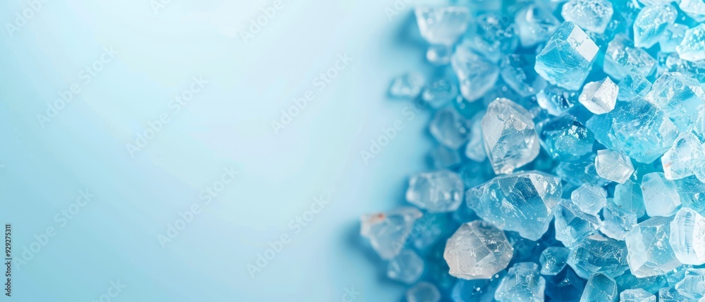 A blue table holds a stack of ice cubes against a light background, the wall's color matching the cubes and sky A blue table holds a stack of ice cubes against a light background, the wall's color matching the cubes and sky