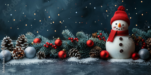 Snowman on the snow. Snowman and pine cone on snow during christmas time. Christmas holiday background with copy space for text. 