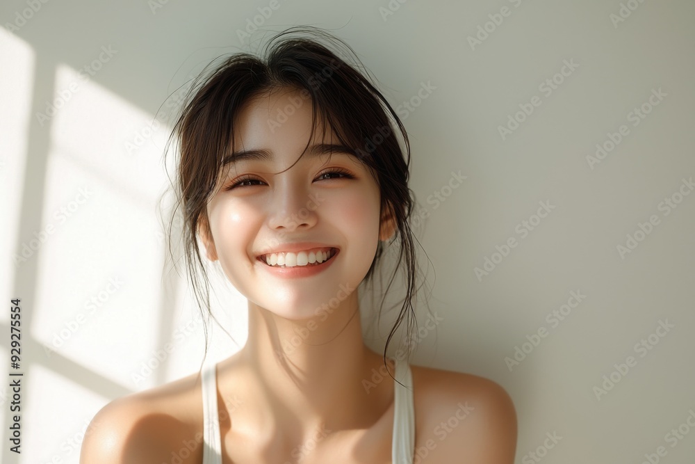 Beautiful young Asian woman smiling and happy created with Generative AI Beautiful young Asian woman smiling and happy created with Generative AI