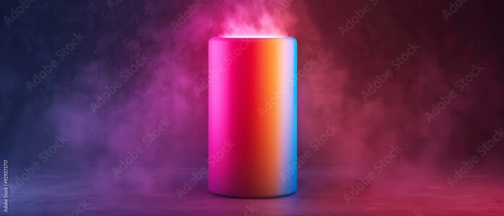 A pink-blue cylinder rests atop a floor; near, a red-blue wall Smoke issues forth A pink-blue cylinder rests atop a floor; near, a red-blue wall Smoke issues forth