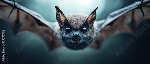  A tight shot of a bat's expressive face, conveying an eerie expression, and its spread wings