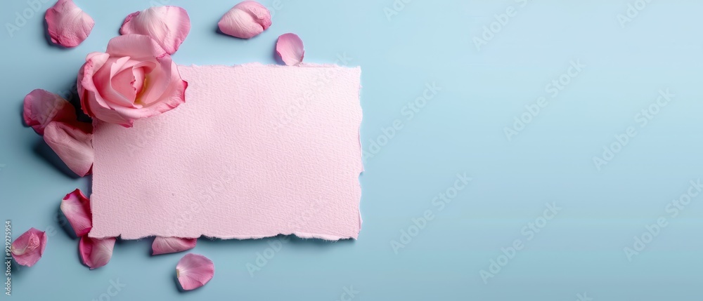 A pink rose lies atop a sheet of light blue paper, its petals gently dispersed around it A pink rose lies atop a sheet of light blue paper, its petals gently dispersed around it