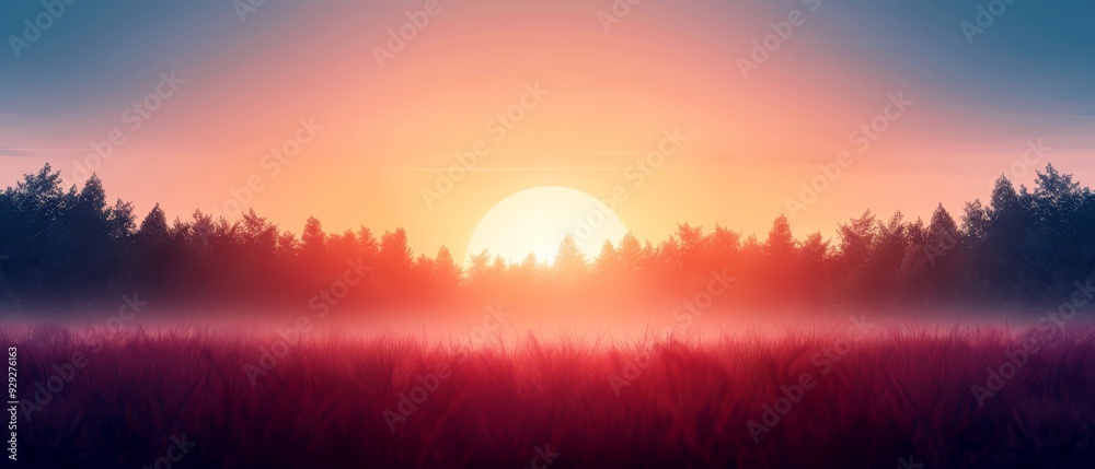 Obraz premium sun over tall-grass field, trees in foreground, foggy sky behind