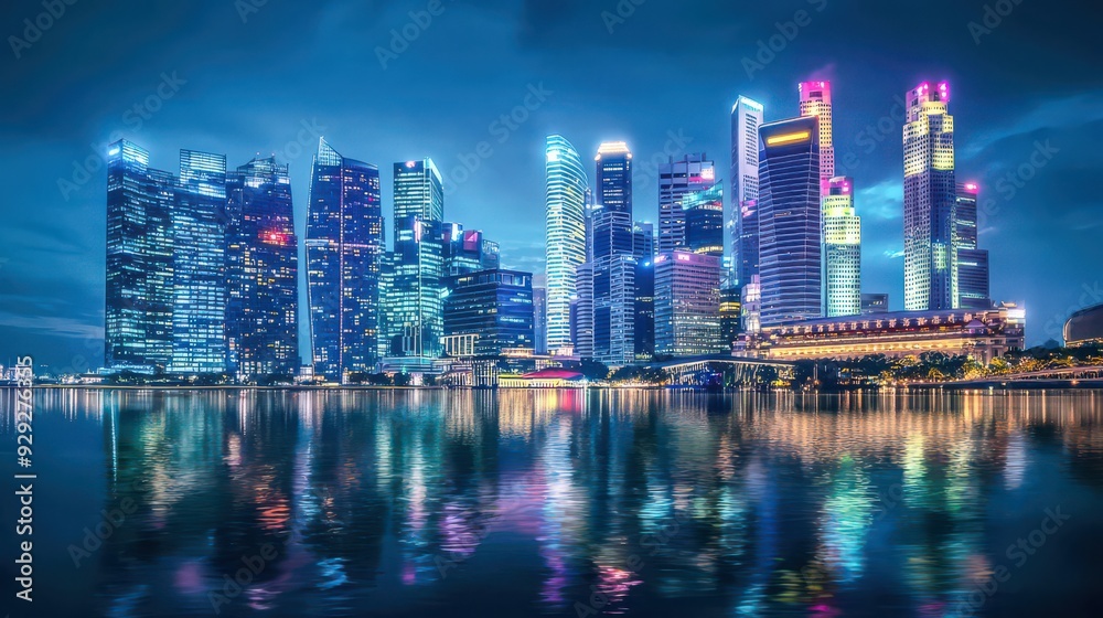 Stunning nighttime cityscape with illuminated skyscrapers against a dark sky, reflecting in nearby water, capturing the vibrant energy and beauty of the urban environment. Stunning nighttime cityscape with illuminated skyscrapers against a dark sky, reflecting in nearby water, capturing the vibrant energy and beauty of the urban environment.