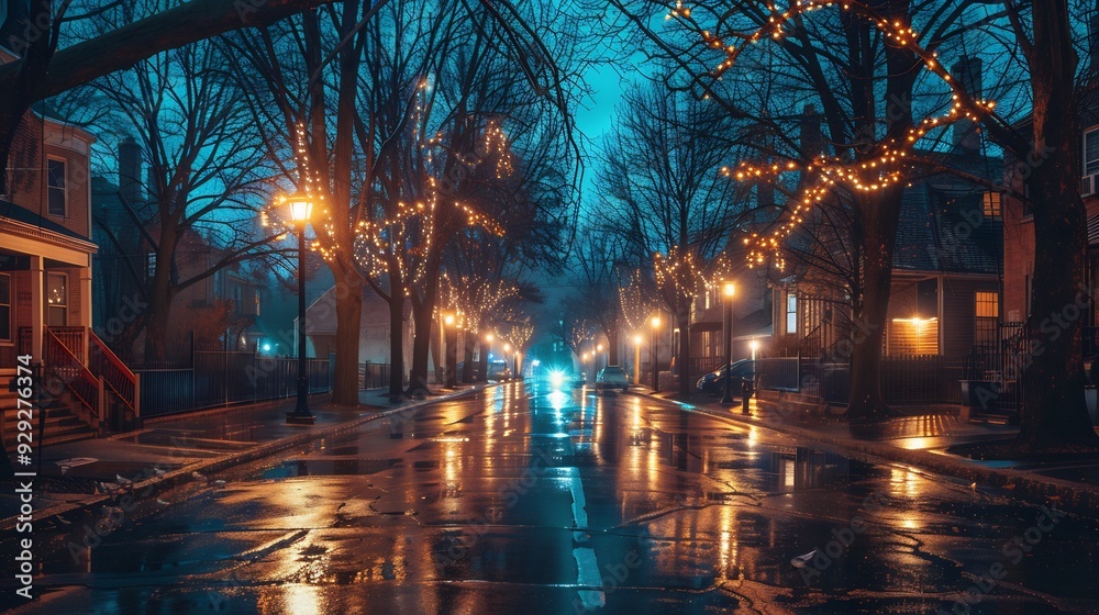 Lights and shadows of city. Soft focus image of city streets after rain with reflections on wet asphalt Lights and shadows of city. Soft focus image of city streets after rain with reflections on wet asphalt