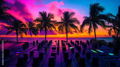 A DJ mixer facing a tropical sunset, palm trees lining the horizon, vibrant colors filling the sky. Ai generated