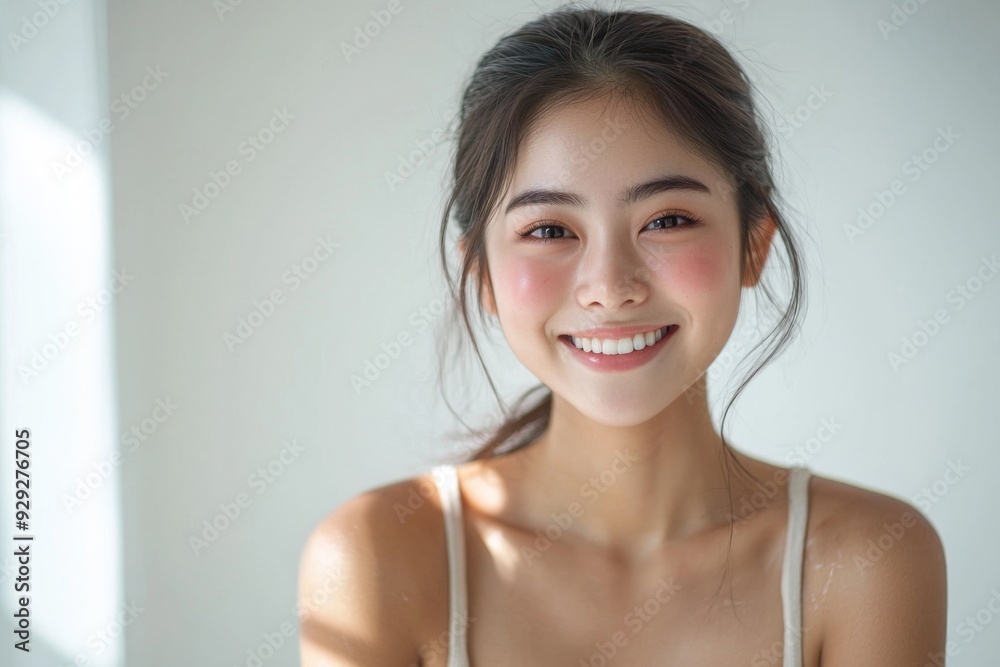 Beautiful young Asian woman smiling and happy created with Generative AI Beautiful young Asian woman smiling and happy created with Generative AI