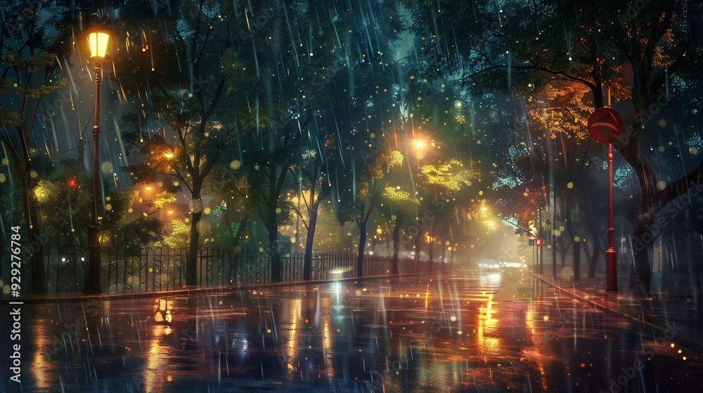Fototapeta premium Lights and shadows of city. Soft focus image of city streets after rain with reflections on wet asphalt