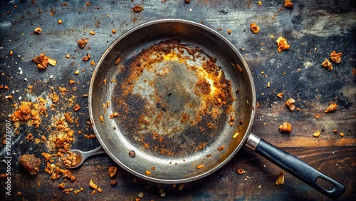 Worn and scratched non-stick surface of a well-used frying pan reveals rusty metal beneath, surrounded by remnants of stuck-on food residue. photo