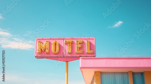 Retro Motel Aesthetic: Colorful Geometric Sign Against Clear Sky with Copy Space.