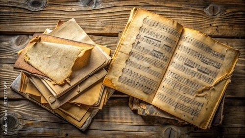 Worn, yellowed book pages with torn edges and faint handwritten notes, evoking a sense of nostalgia and forgotten knowledge, lie scattered on a distressed wooden table.