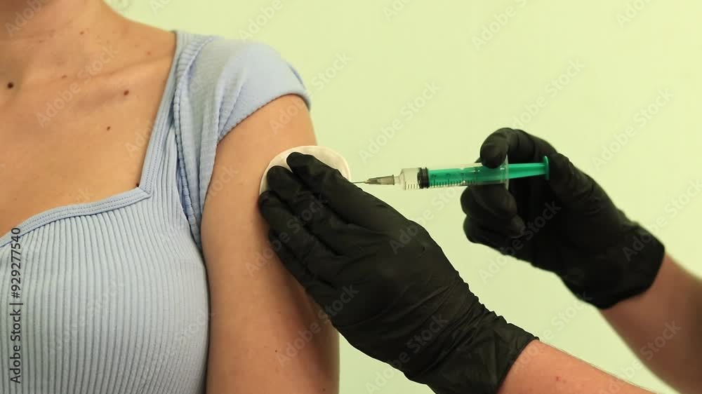 Injection in the shoulder, hands with a syringe close-up. Healthcare and medicine concept. Nurse giving vaccinated against Covid-19 or antiviral vaccination. Intramuscular injection Injection in the shoulder, hands with a syringe close-up. Healthcare and medicine concept. Nurse giving vaccinated against Covid-19 or antiviral vaccination. Intramuscular injection