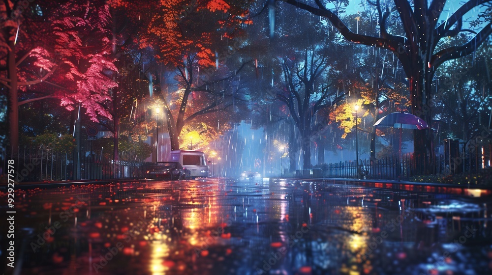 Obraz premium Lights and shadows of city. Soft focus image of city streets after rain with reflections on wet asphalt