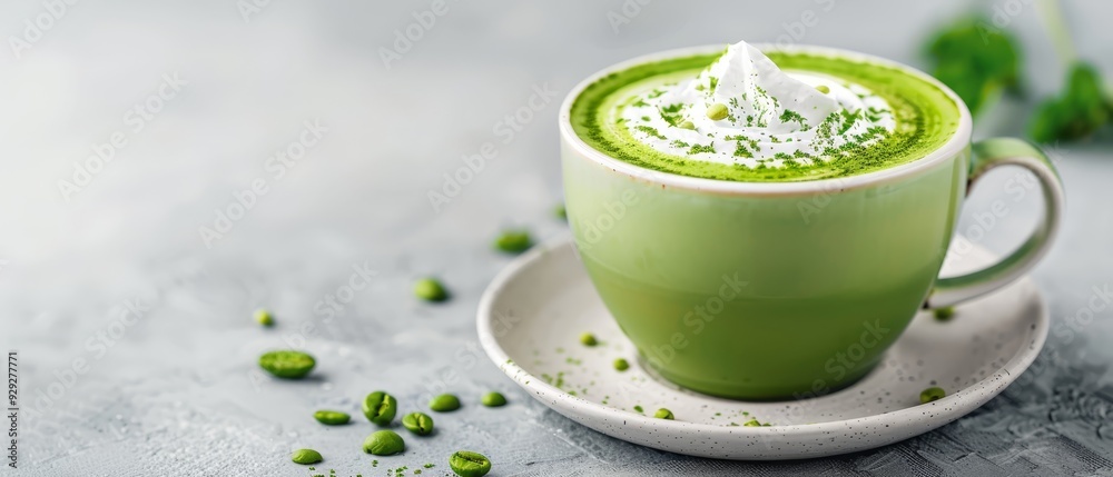 A close-up of a cup of green tea on a saucer, green beans scattered around it A close-up of a cup of green tea on a saucer, green beans scattered around it