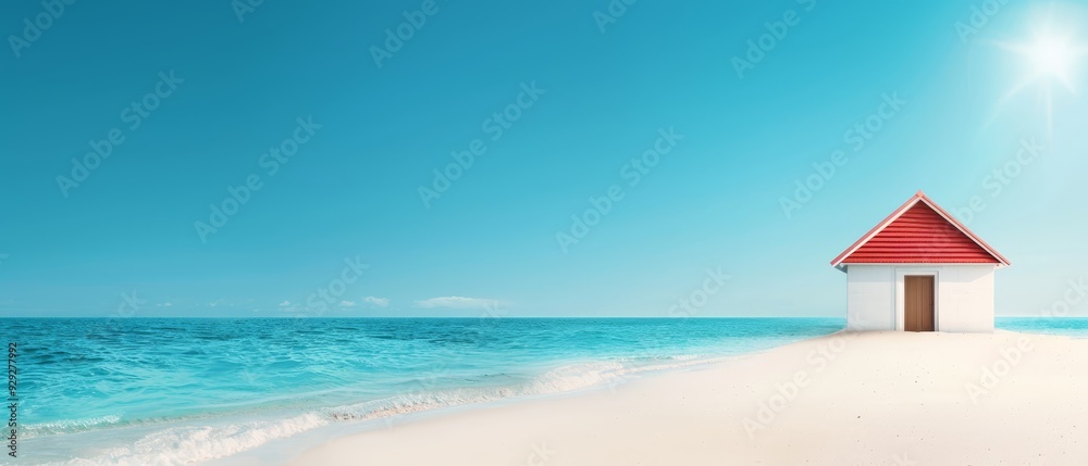 Obraz premium A red-and-white house sits atop a sandy beach, adjacent to the ocean, under a bright blue sky