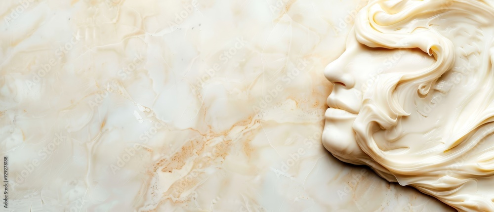  A tight shot of a cream-toned surface featuring a face on its left half, contrasted by a plain cream-colored expanse on the right