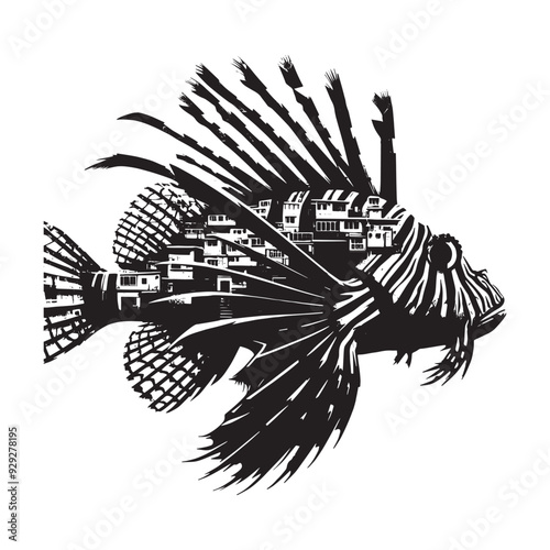silhouette of Lionfish filled with ghetto street in rough drawing