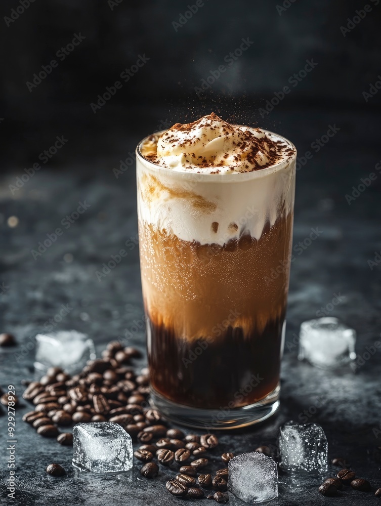 Ice coffee in a tall glass with cream poured over, ice cubes and beans on a dark concrete table with generative ai Ice coffee in a tall glass with cream poured over, ice cubes and beans on a dark concrete table with generative ai