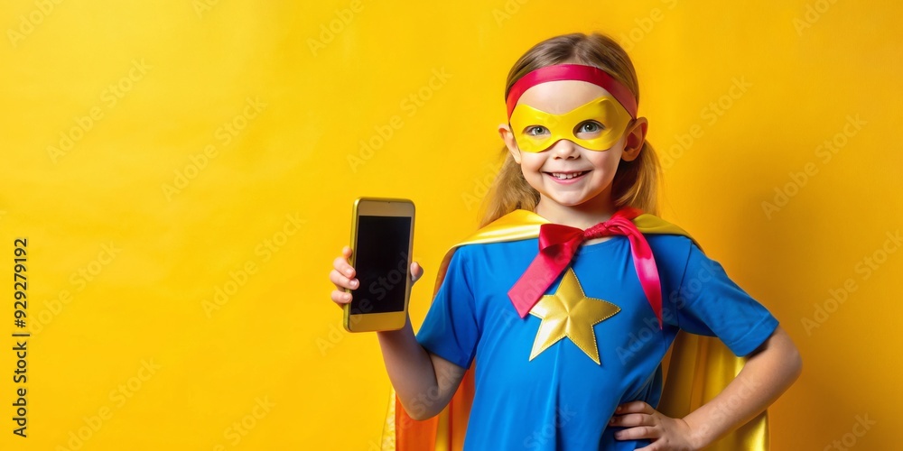 Young girl dressed in vibrant superhero costume with golden ribbon, holding oversized smartphone, stands confidently against bright yellow background, symbolizing courage in childhood cancer fight. Young girl dressed in vibrant superhero costume with golden ribbon, holding oversized smartphone, stands confidently against bright yellow background, symbolizing courage in childhood cancer fight.