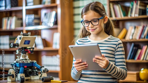 Young female student wearing glasses and holding a tablet, surrounded by books, robotics, and coding papers, with a curious and focused expression. photo