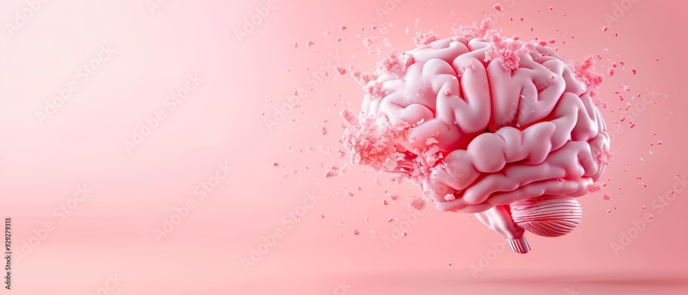 A pink brain against a pink backdrop, featuring a splash of paint in pink hue to its side, with the upper portion exposed A pink brain against a pink backdrop, featuring a splash of paint in pink hue to its side, with the upper portion exposed