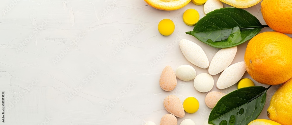 A collection of oranges, lemons, and almonds on a pristine white backdrop One green leaf hovering above them A collection of oranges, lemons, and almonds on a pristine white backdrop One green leaf hovering above them