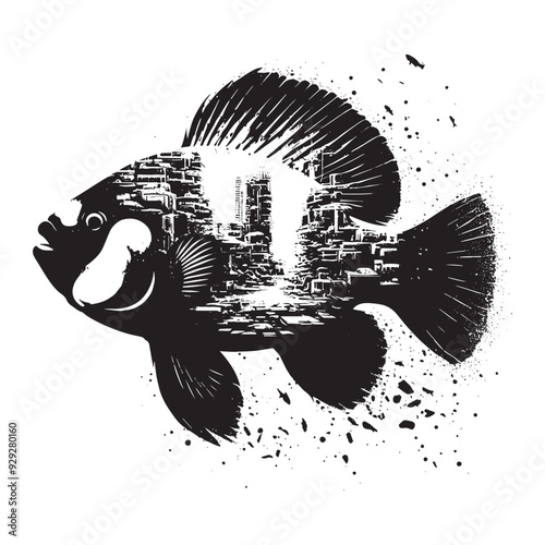 silhouette of Mandarinfish filled with destroyed futuristic dystopia environment in rough drawing