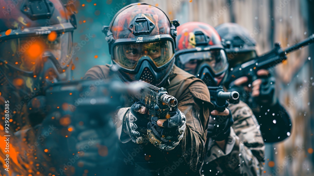A group of individuals in tactical gear aiming with weapons in a paintball scenario. A group of individuals in tactical gear aiming with weapons in a paintball scenario.