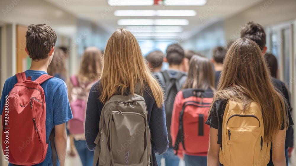 Group of high school friends strolling down a school corridor, talking and laughing, shot from behind with ample space for text. Ai generated Group of high school friends strolling down a school corridor, talking and laughing, shot from behind with ample space for text. Ai generated