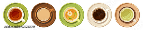 Cups of coffee, black tea, green tea, and herbal tea isolated on a white background. Colorful tea and coffee cups top view. Set of vector illustrations