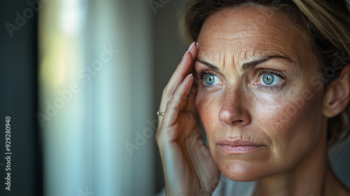 Introspective middle-aged woman, touching the fine lines on her face with a frown while looking into a mirror. Ai generated