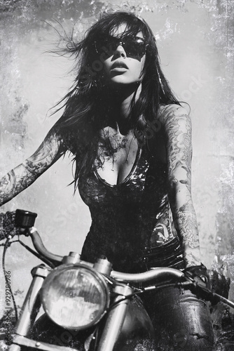 Powerful black and white image of a tattooed woman riding a motorcycle, capturing a gritty, rebellious aesthetic with strong, edgy visual elements, ideal for themes of empowerment and urban style. photo