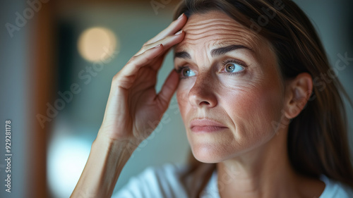Upset woman in her mid-life, with a thoughtful expression, touching her forehead and looking at wrinkles in the mirror. Ai generated