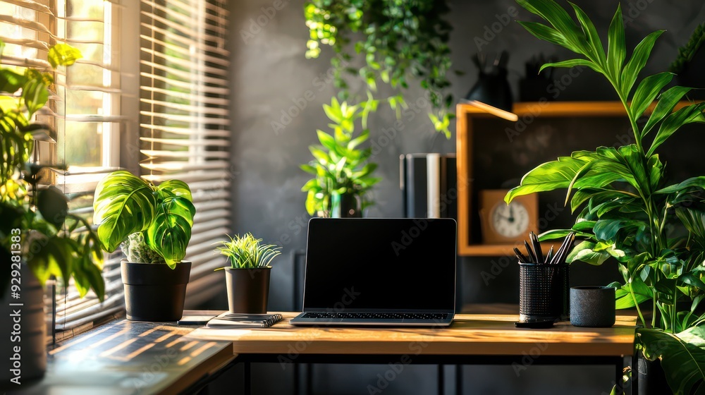 Stylish home office setup with modern furniture, a laptop, and green plants, showcasing a comfortable and productive work-from-home environment with a blend of professionalism and coziness. Stylish home office setup with modern furniture, a laptop, and green plants, showcasing a comfortable and productive work-from-home environment with a blend of professionalism and coziness.