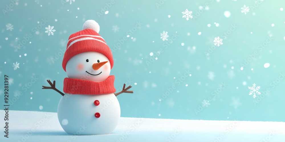 Cute snowman in a knitted hat and scarf standing on the side amidst falling snowflakes - winter holiday promotions, festive greetings, seasonal advertisements