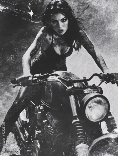 Powerful black and white image of a tattooed woman riding a motorcycle, capturing a gritty, rebellious aesthetic with strong, edgy visual elements, ideal for themes of empowerment and urban style. photo