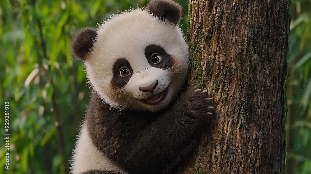 Obraz premium A panda bear perched high atop a lush green tree with wide-eyed gaze