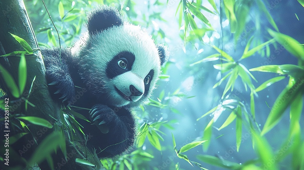 A lush green forest features a panda bear perched atop a tree, basking in sunlight filtering through the leafy canopy A lush green forest features a panda bear perched atop a tree, basking in sunlight filtering through the leafy canopy