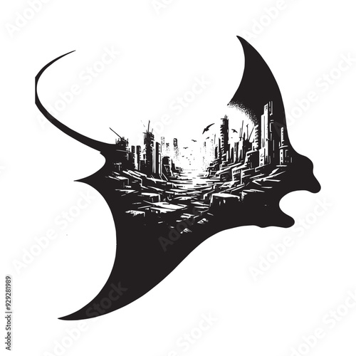 silhouette of Manta Ray filled with destroyed futuristic dystopia environment in rough drawing