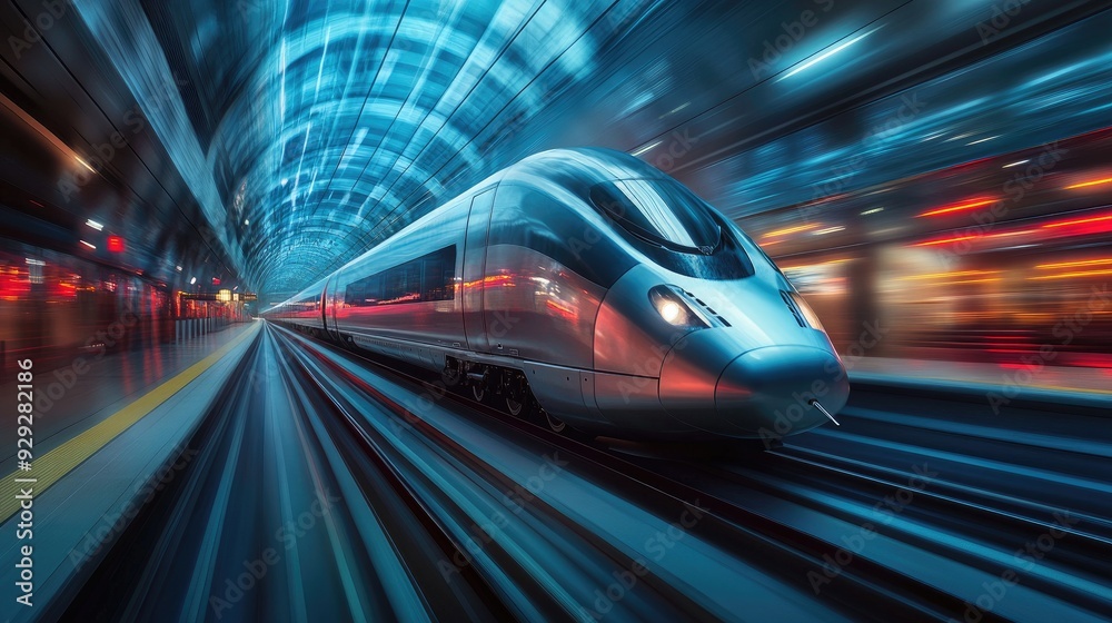 High-Speed Bullet Train in Modern Station at Night High-Speed Bullet Train in Modern Station at Night