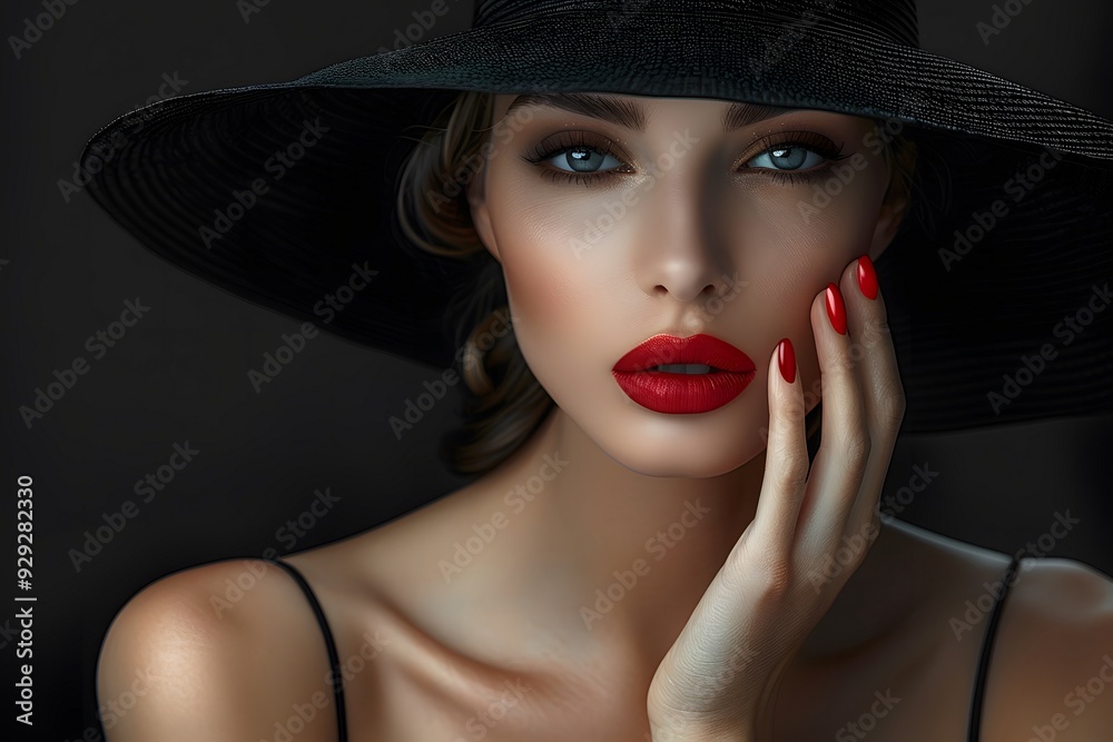Elegant Woman with Red Lips and Black Hat in Fashion Portrait
Elegant Woman with Red Lips and Black Hat in Fashion Portrait