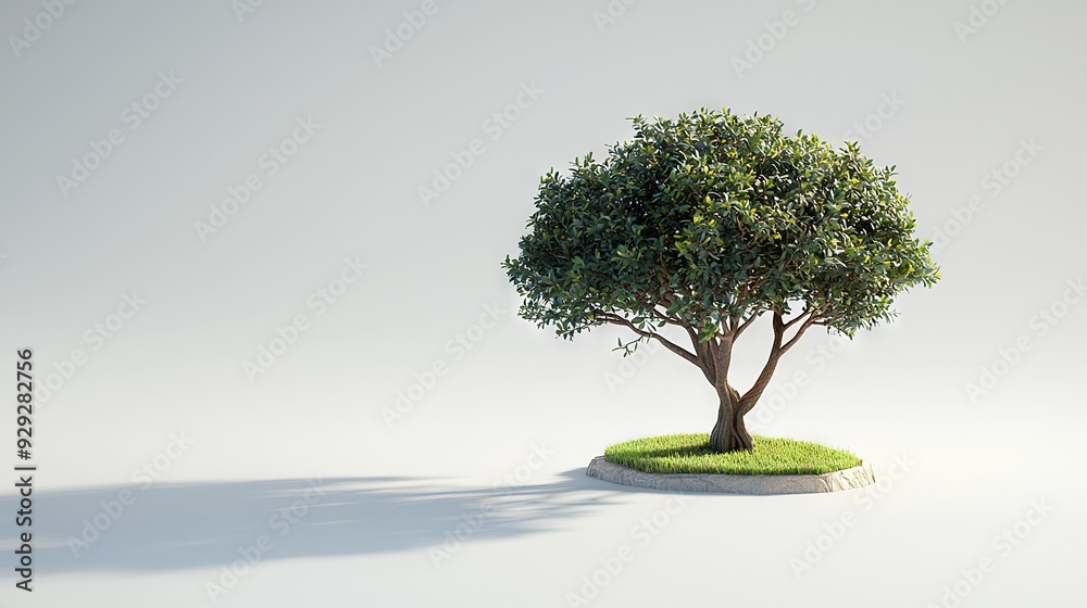 A small tree on a green field, amidst a white landscape and casting a shadow below A small tree on a green field, amidst a white landscape and casting a shadow below
