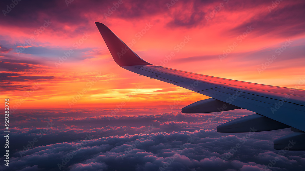 Plane wing silhouette against vibrant sunset sky Plane wing silhouette against vibrant sunset sky
