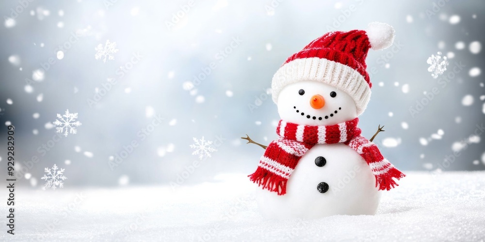 Cute snowman in a knitted hat and scarf standing on the side amidst falling snowflakes - winter holiday promotions, festive greetings, seasonal advertisements Cute snowman in a knitted hat and scarf standing on the side amidst falling snowflakes - winter holiday promotions, festive greetings, seasonal advertisements