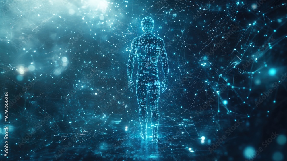 Fototapeta premium Futuristic Digital Human Figure amidst Virtual Network and Data Streams
