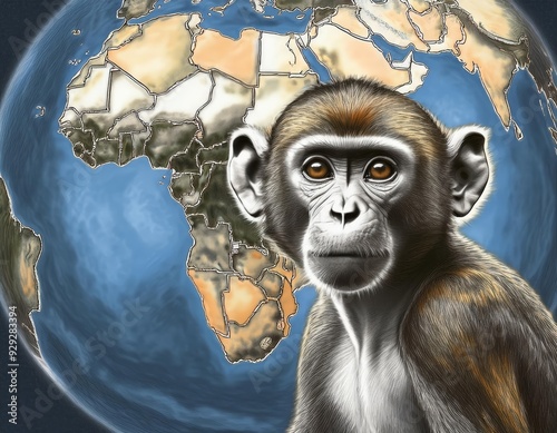 Monkey - African continent map. Monkeypox Virus infection spread. Outbreak smallpox, rash, mpox, mpxv, mpx. photo