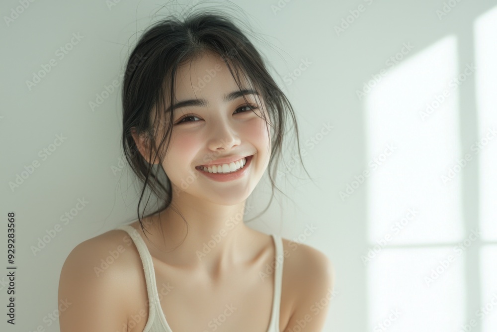 Beautiful young Asian woman smiling and happy created with Generative AI Beautiful young Asian woman smiling and happy created with Generative AI