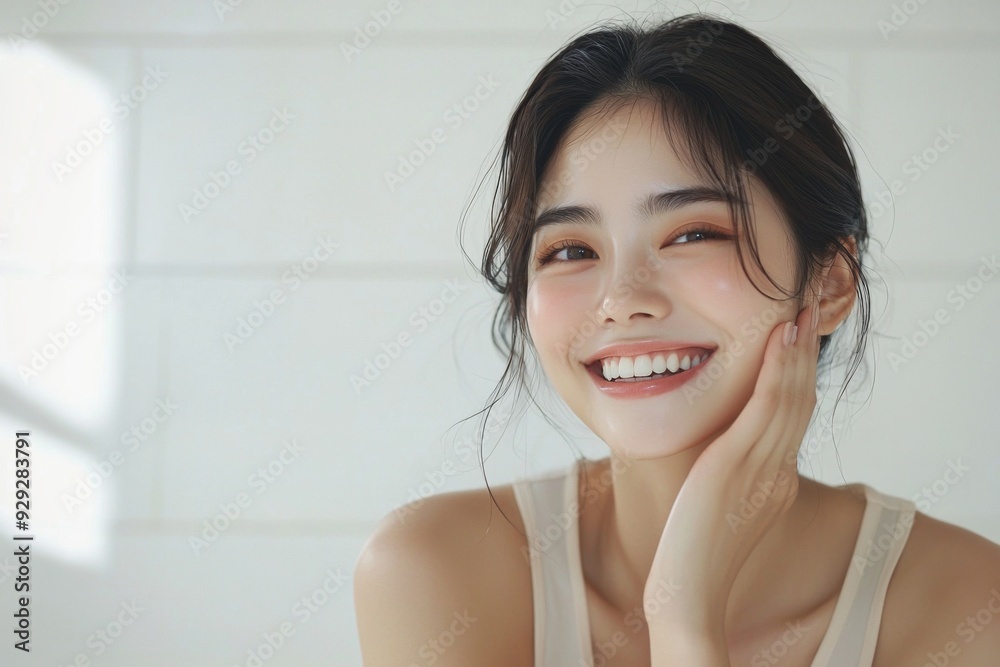 Beautiful young Asian woman smiling and happy created with Generative AI Beautiful young Asian woman smiling and happy created with Generative AI
