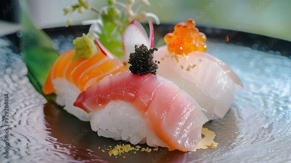 Sushi Delights: A close-up shot of a beautifully arranged sushi platter with salmon, tuna, and white fish nigiri, garnished with caviar and wasabi. The image evokes a sense of refined dining, elegance Sushi Delights: A close-up shot of a beautifully arranged sushi platter with salmon, tuna, and white fish nigiri, garnished with caviar and wasabi. The image evokes a sense of refined dining, elegance